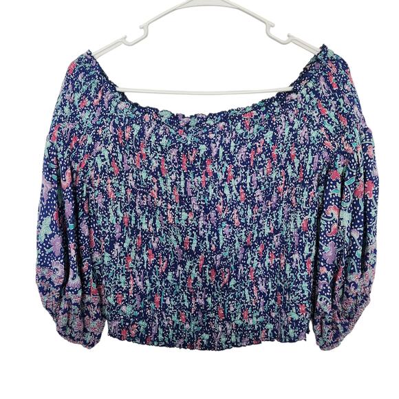 Poupette St Barth Smock Top M/L Off Shoulders Floral Cropped Beach Resortwear - Picture 2 of 8